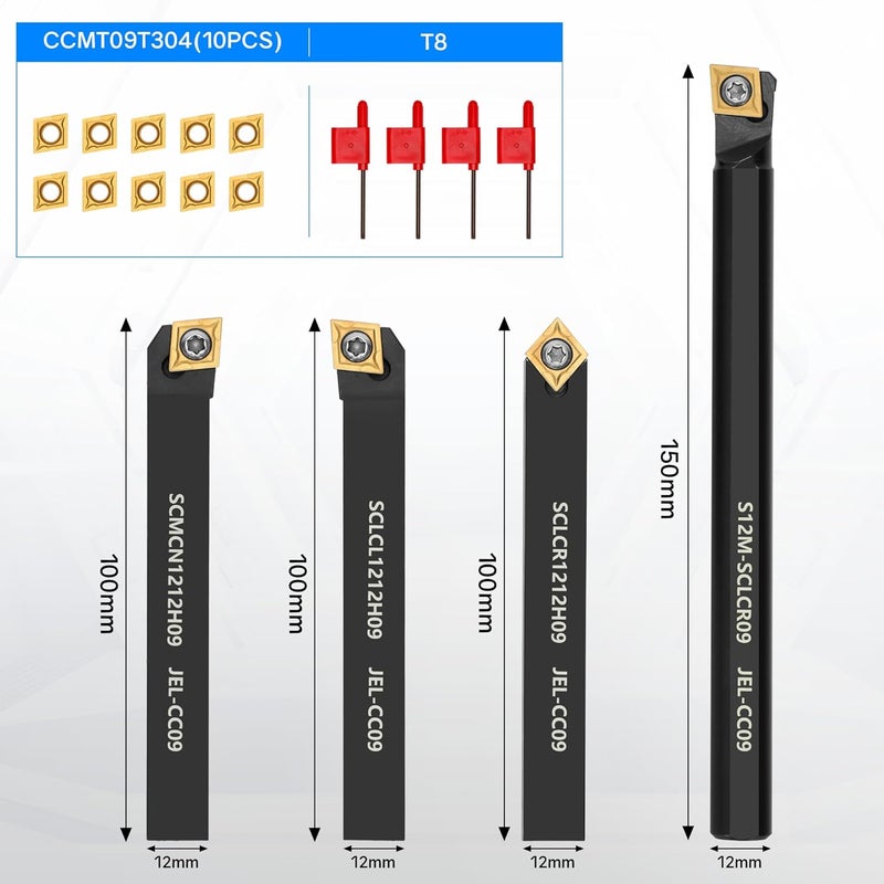 Joogto Indexable Lathe Turning Tool 1/2" 12mm Shank 14PCS Kit, 4PCS Metal Lathe Tools Holder 10PCS CCMT09T304 Carbide Insert for Turning Boring Grooving, SCMCN1212H09/SCLCL1212H09/SCLCR1212H09/S12M-SCLCR09 - Image 2